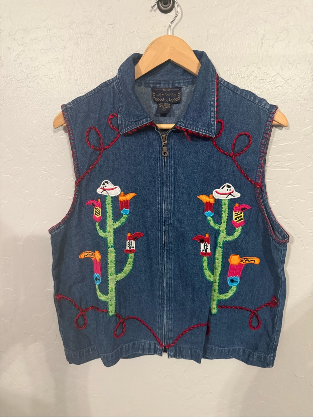 Life Style Embroidered Blue Denim Vest with Multicolor Cactus Motif